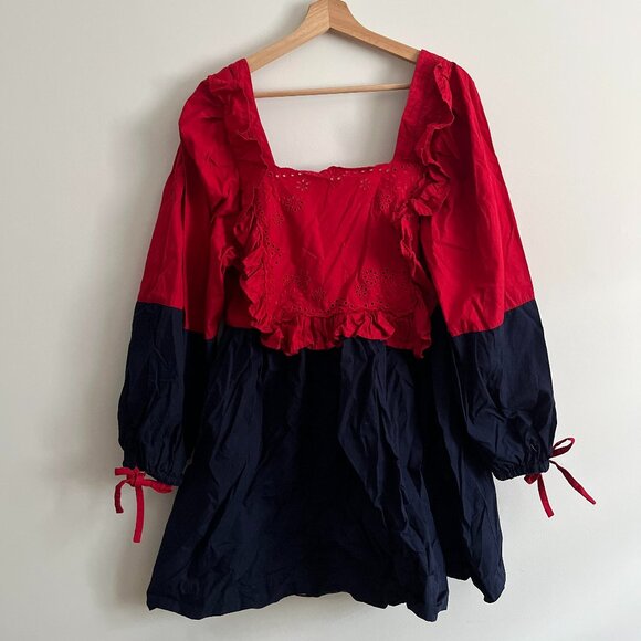 Damson Madder Piarra Mini Smock Dress – Red & Navy - Picture 2 of 4